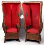 Pair of wickerwork hall porters chairs, possibly North American, circa 1930, with diamond shaped