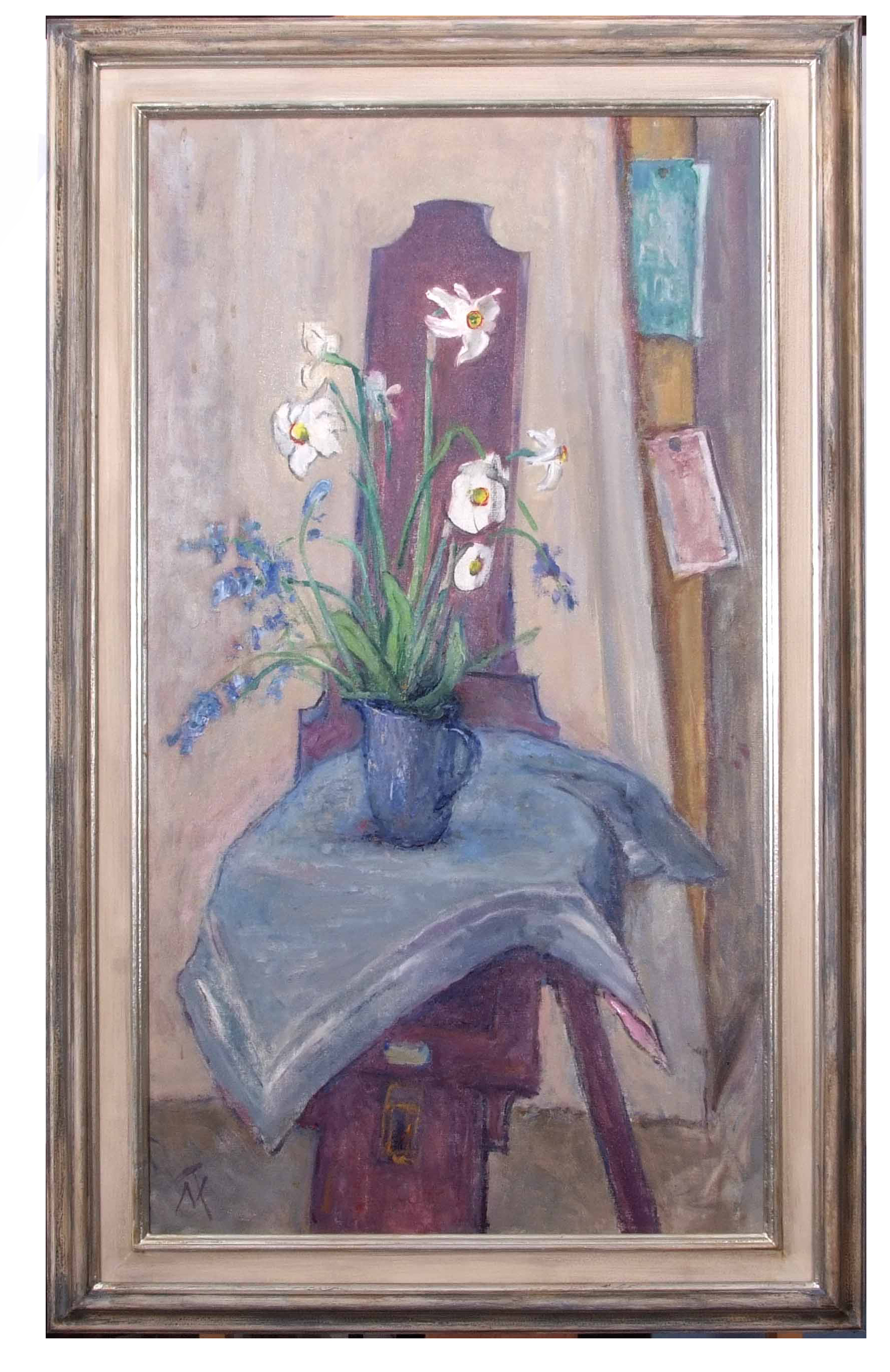 AR Margaret Thomas (1916-2016) Still Life study of flowers in a jug on a chair oil on board,