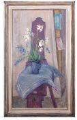 AR Margaret Thomas (1916-2016) Still Life study of flowers in a jug on a chair oil on board,