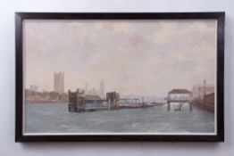 Roy Perry, RI (1935-1993) "Thames view with Big Ben and Houses of Parliament" oil on board, signed