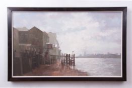Roy Perry, RI (1935-1993) London docks oil on board, signed lower right, 54 x 89cm
