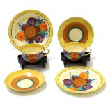 Two Clarice Cliff Gay Day trios, decorated with floral pattern with Bizarre back stamp to base (6)