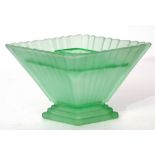 Art Deco green glass flower holder with fluted shape and inset, 28cm long