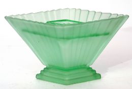 Art Deco green glass flower holder with fluted shape and inset, 28cm long