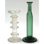 Two Studio glass candlesticks, one in frosted glass with a four ringed stem, engraved with