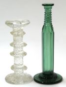 Two Studio glass candlesticks, one in frosted glass with a four ringed stem, engraved with