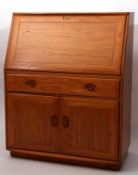 Modern Ercol Windsor bureau with dovetail joints and oval handles in blonde wood, 92cm wide