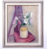 AR Margaret Thomas (1916-2016) Still Life study of mixed flowers in a stoneware vase on a chair oil