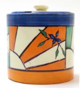 Clarice Cliff Fantasque Bizarre jam pot and cover with a sunburst type pattern with blue cover,