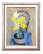 AR Margaret Thomas (1916-2016) Still Life study of daffodils in a glass vase on a chair oil on