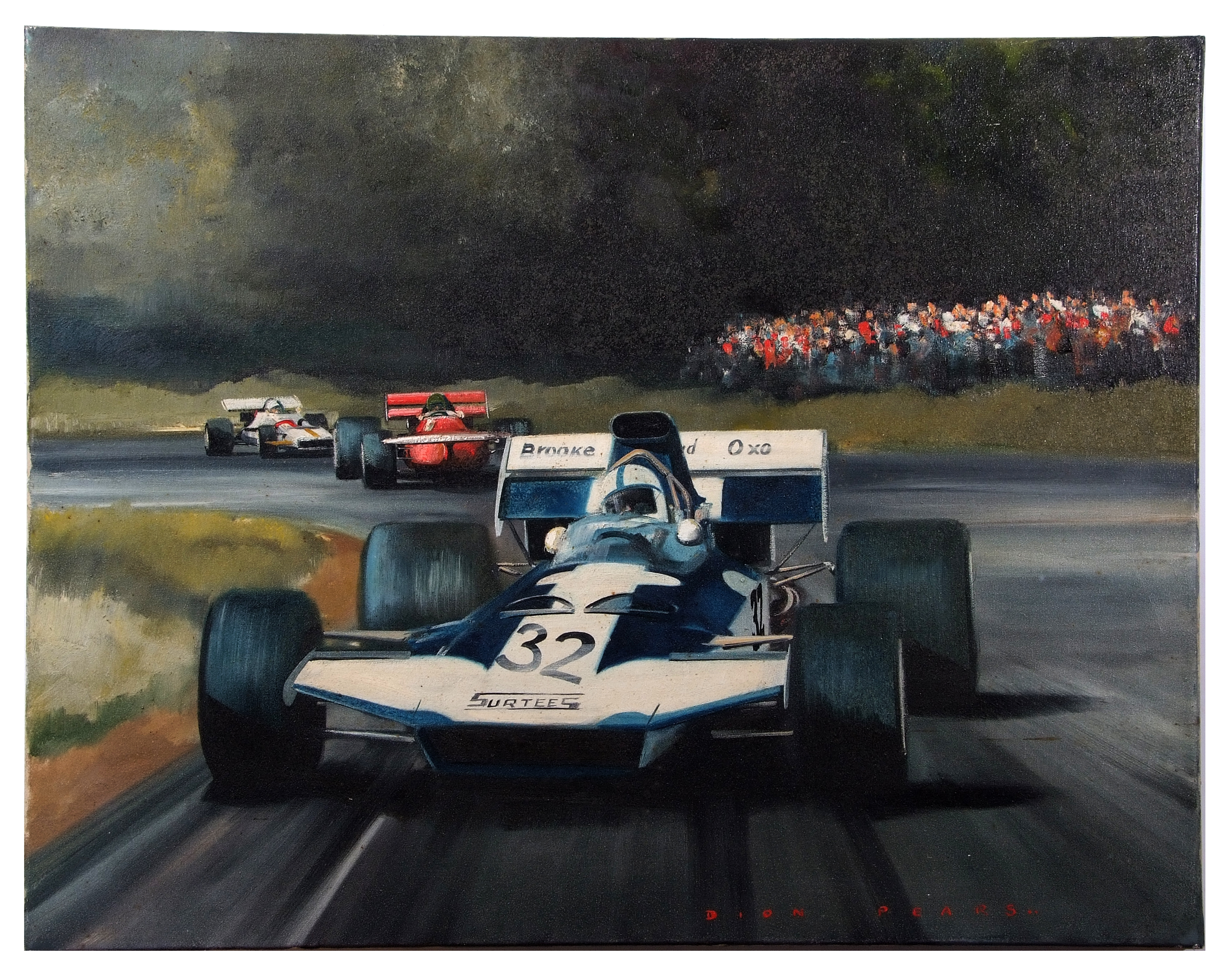 AR Dion Pears (1929-1985) "John Surtees, Gold Cup, Oulton Park 1971" oil on canvas, signed lower