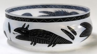 Ulrica Hydman-Vallien-Kosta Boda, large bowl, hand enamelled to the exterior with abstract animals