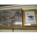 FRAMED TAPESTRY WORK DEPICTION OF SIDNEY HARBOUR, TOGETHER WITH A PRINT OF AN EIDER