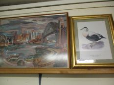 FRAMED TAPESTRY WORK DEPICTION OF SIDNEY HARBOUR, TOGETHER WITH A PRINT OF AN EIDER