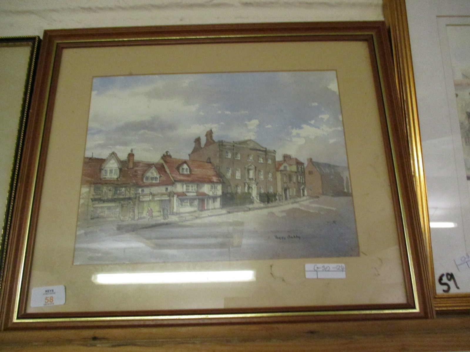 MIXED MEDIA SIGNED PEGGY ASHBY, STREET SCENE, APPROX 34CM X 26CM
