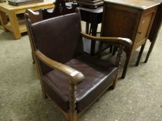 OAK FRAMED CHILD'S ARMCHAIR WITH BROWN REXINE UPHOLSTERED SEAT AND BACK