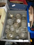 TWO BOXES CONTAINING LARGE QUANTITY OF VARIOUS GLASS PERFUME BOTTLES, TRINKET BOXES ETC