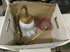 BOX CONTAINING TWO VINTAGE BRASS AND GLASS WALL LIGHT FITTINGS