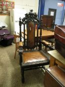 ORNATELY CARVED LEATHER UPHOLSTERED HALL CHAIR, HEIGHT APPROX 134CM