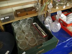 BOX CONTAINING VARIOUS GLASS WARES, BRANDY GLASSES, SUNDAE DISHES, DECANTERS ETC