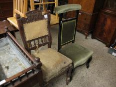 EBONISED PRIE-DEUX CHAIR TOGETHER WITH A FURTHER AMERICAN WALNUT CHAIR (ONE NEEDS REUPHOLSTERING) (