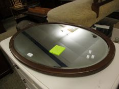 OVAL OVERMANTEL MIRROR WITH INLAID WOOD FRAME AND BEVELLED GLASS, LENGTH APPROX 88CM