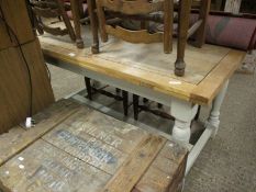 MODERN PINE KITCHEN TABLE ON PAINTED BASE, LENGTH APPROX 150CM X APPROX 80CM WIDE