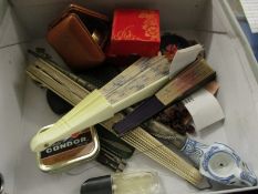 BOX CONTAINING SMALL COLLECTIBLES INCLUDING FANS, TRAVEL ALARM CLOCKS, POWDER COMPACT ETC