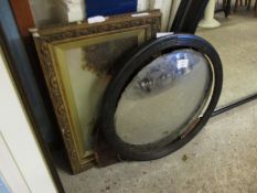SMALL CONVEX MIRROR TOGETHER WITH A FRAMED SMALL OIL ON CANVAS OF FISHERMEN