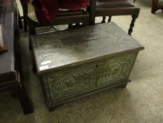 EASTERN BRASS MOUNTED SMALL PROPORTION TRUNK WITH IMPRESSED SCENES THROUGHOUT AND FITTED CANDLE BOX