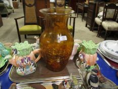 TRAY OF NOVELTY TEA POTS, LARGE AMBER MODERN GLASS VASE