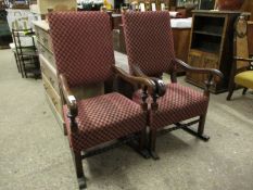 PAIR OF 18TH CENTURY WALNUT THRONE TYPE CARVER CHAIRS, UPHOLSTERED IN GEOMETRIC RED AND GREEN