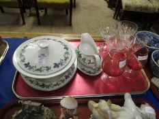 CUT GLASSES, PAIR OF CRANBERRY BRANDY BALLOONS, ROYAL DOULTON BURGUNDY PART DINNER SET