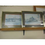 PAIR OF FRAMED PRINTS OF STREET SCENE AND LIVERPOOL DOCKS, EACH APPROX 30CM LONG