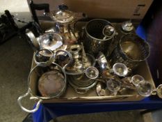 BOX CONTAINING VARIOUS SILVER PLATED WINE BUCKETS, COFFEE POTS ETC