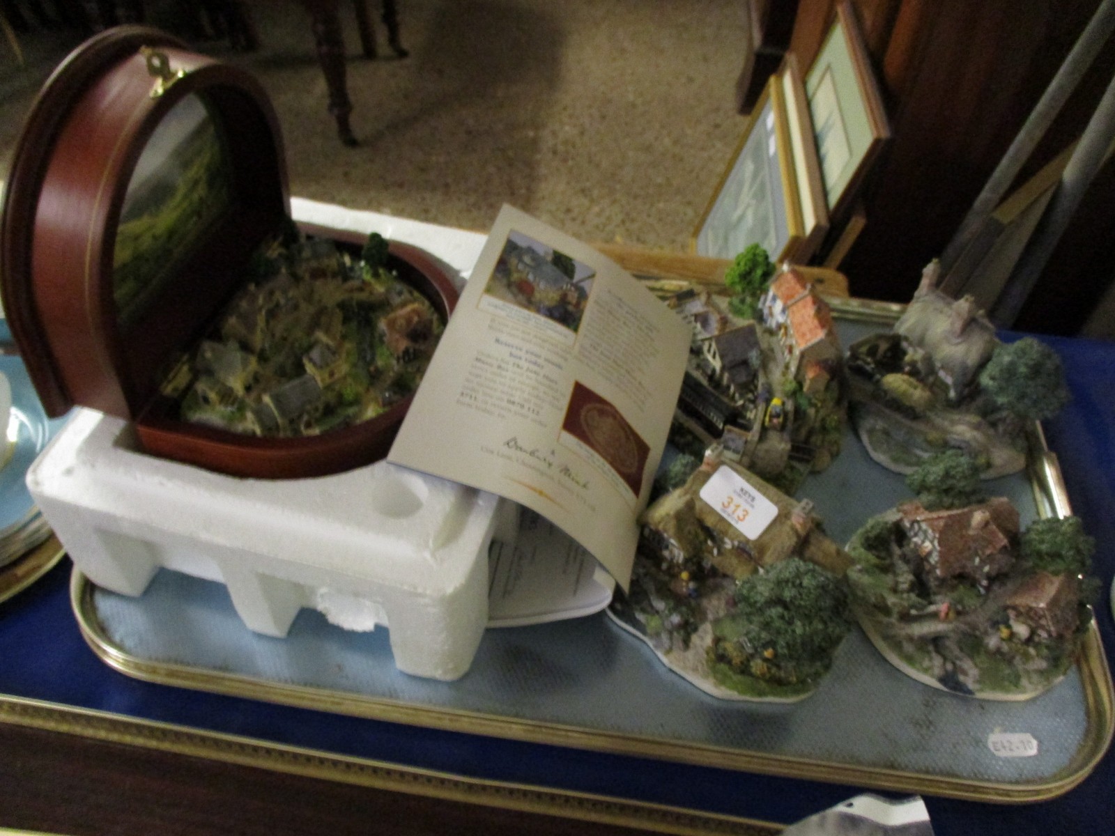 TRAY CONTAINING VARIOUS DANBURY MINT INCLUDING MUSICAL BOX WITH MODEL VILLAGE INSIDE, MODEL HOUSES