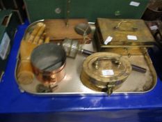 TRAY CONTAINING TRAVELLING BALANCE SCALES, METAL BRASS BOXES ETC