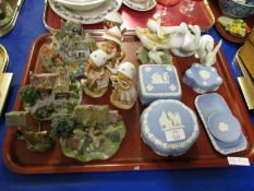 TRAY CONTAINING VARIOUS SMALL PIECES OF WEDGWOOD JASPERWARE, NAO FIGURES, MINIATURE COTTAGES ETC