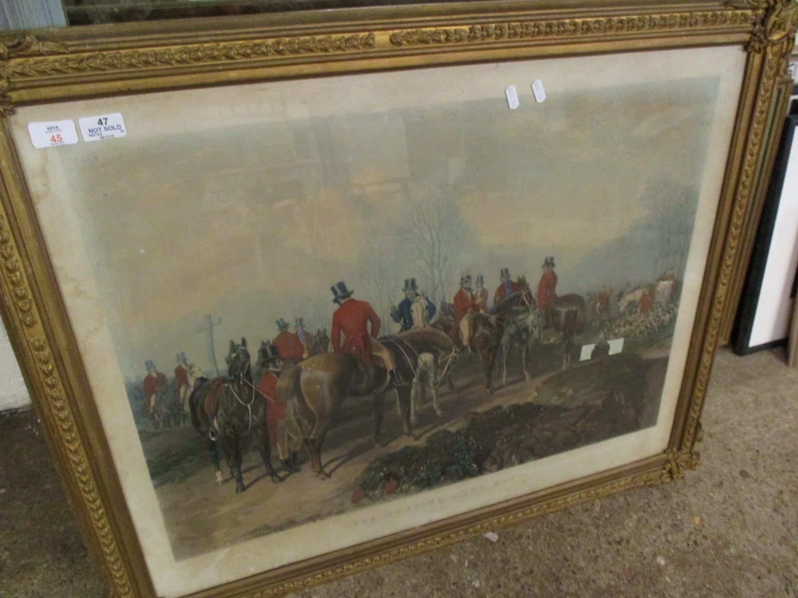 GOOD QUALITY VICTORIAN GILT PRINT ENTITLED "FOXHUNTING THE MEET"