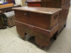 WOODEN COFFER MOUNTED ON ORIENTAL STYLE CARVED STAND, WIDTH APPROX 109CM