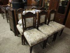 SET OF UPHOLSTERED DINING CHAIRS WITH CARVED DECORATION AND UPHOLSTERED BACKS, EACH ONE WIDTH APPROX