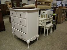 THREE PIECE WHITE PAINTED BEDROOM SUITE COMPRISING CHEST OF DRAWERS, DEMI-LUNE DRESSING TABLE AND