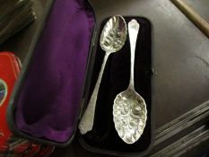 CASED PAIR OF SILVER PLATED SERVING SPOONS