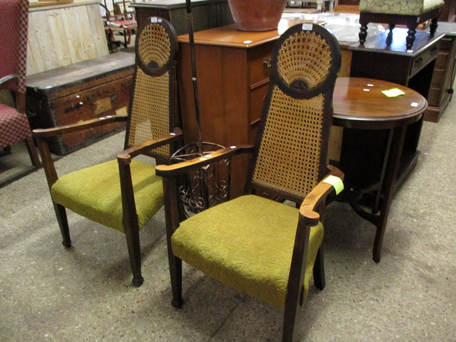 PAIR OF TWO CANE BACK UPHOLSTERED CHAIRS, WIDTH APPROX 62CM MAX