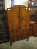 20TH CENTURY WALNUT TALLBOY WITH TWO CUPBOARD DOORS OVER TWO FULL WIDTH DRAWERS RAISED ON PAD FEET