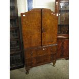 20TH CENTURY WALNUT TALLBOY WITH TWO CUPBOARD DOORS OVER TWO FULL WIDTH DRAWERS RAISED ON PAD FEET