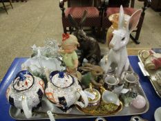 TRAY OF VARIOUS CERAMIC WARES AND OTHER ITEMS INCLUDING TWO PRICE GILT DECORATED TEA POTS, VARIOUS