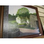 FRAMED OIL ON BOARD OF A VILLAGE SCENE