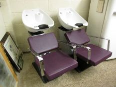 PAIR OF CHROMIUM AND PURPLE LEATHER SALON CHAIRS WITH BUILT IN SINKS