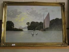 GILT FRAMED PRINT OF A SAILING BOAT WITH SWANS, 49 X 75CM